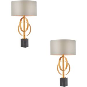 Loops 2 PACK Antique Gold Table Lamp & Mink Satin Shade - Black Marble Base Desk Light Loops 2 PACK Antique Gold Table Lamp & Mink Satin Shade - Black Marble Base Desk Light