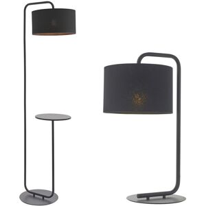 Loops Satin Black Table Light Set - Floor & Table Lamp Bundle - Fabric Cylinder Shades Loops Satin Black Table Light Set - Floor & Table Lamp Bundle - Fabric Cylinder Shades