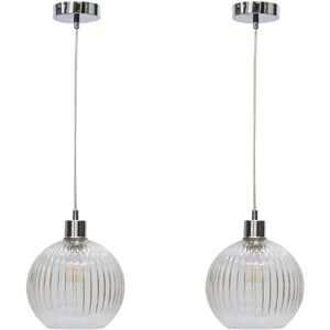 firstchoicelighting Set of 2 Betchley - Clear Ribbed Glass Globe with Chrome Pendant Fittings firstchoicelighting Set of 2 Betchley - Clear Ribbed Glass Globe with Chrome Pendant Fittings