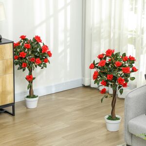 Outsunny 2-Pack 90cm Artificial Rose Trees - Red, Real-Look Faux Plant with Ceme Outsunny 2-Pack 90cm Artificial Rose Trees - Red, Real-Look Faux Plant with Ceme