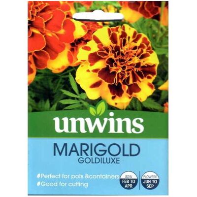 Unwins Grow Your Own Garden Flowers Marigold 'Goldiluxe' Seeds Packet Unwins Grow Your Own Garden Flowers Marigold 'Goldiluxe' Seeds Packet