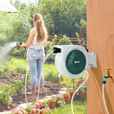 Outsunny Retractable Hose Reel Wall Mounted with Lock, Light Grey Outsunny Retractable Hose Reel Wall Mounted with Lock, Light Grey