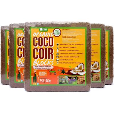 Elixir Gardens 5 x 75 Litre Organic Coco Coir Compost Block/Brick Pre-Washed Low Elixir Gardens 5 x 75 Litre Organic Coco Coir Compost Block/Brick Pre-Washed Low