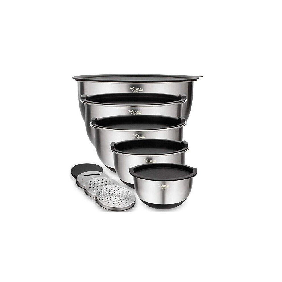 Mixing Bowls Set of 5, Wildone Stainless Steel Nesting Bowls with Airtight Lids,