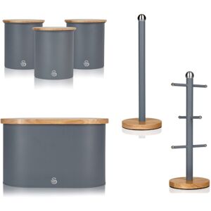 (Grey) Swan Nordic Set Mug Tree, Towel Pole, Bread Bin & 3 Canisters (Grey) Swan Nordic Set Mug Tree, Towel Pole, Bread Bin & 3 Canisters