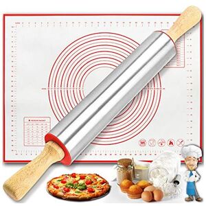 BOCHION Rolling Pin and Silicone Baking Pastry Mat Set, Smooth Non Stick Stainless Steel BOCHION Rolling Pin and Silicone Baking Pastry Mat Set, Smooth Non Stick Stainless Steel