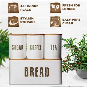 DENNY INT LTD (WHITE) 4pcs Bread Bin Kitchen Set Sealed Tea Coffee Sugar Tins DENNY INT LTD (WHITE) 4pcs Bread Bin Kitchen Set Sealed Tea Coffee Sugar Tins