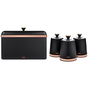 Tower Cavaletto Bread Bin and Set of 3 Storage Canisters, Black and Rose Gold EE Tower Cavaletto Bread Bin and Set of 3 Storage Canisters, Black and Rose Gold EE