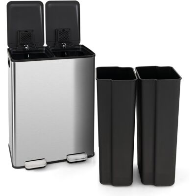 Casart 60L Metal Trash Bin 2 x 30L Compartments W/ Lids & Inner Buckets Silver Casart 60L Metal Trash Bin 2 x 30L Compartments W/ Lids & Inner Buckets Silver