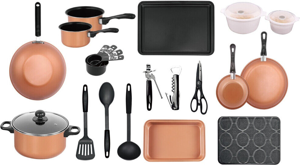 Gr8 Home Copper 21 Pcs Kitchen Cookware Saucepan Utensil Pot Pan Bakeware Starter Set