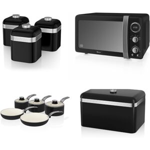 (Black) Swan Retro 3pce Induction Saucepan Set 16cm/18cm/20cm, 2pce Frying Pan S (Black) Swan Retro 3pce Induction Saucepan Set 16cm/18cm/20cm, 2pce Frying Pan S