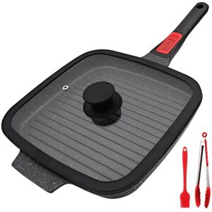 RANX INGST Griddle Pan with Lid, 26 x 24 cm Cast Aluminium Non Stick Steak Pan w RANX INGST Griddle Pan with Lid, 26 x 24 cm Cast Aluminium Non Stick Steak Pan w