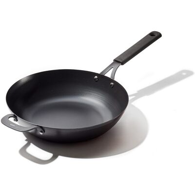 OXO Obsidian Pre-Seasoned Carbon Steel 12"""" Wok Pan with Removable Silicone H OXO Obsidian Pre-Seasoned Carbon Steel 12"""" Wok Pan with Removable Silicone H