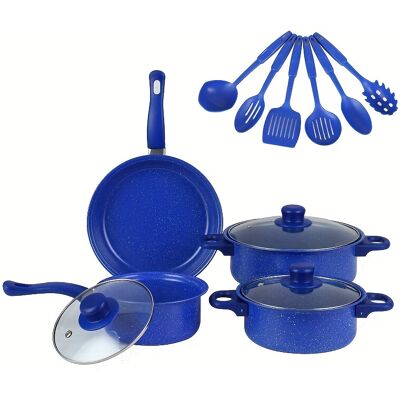 Unbranded (Blue) Cast Iron Cookware Set with Lid and Spatula - Includes Soup Pot, Stew Pot Unbranded (Blue) Cast Iron Cookware Set with Lid and Spatula - Includes Soup Pot, Stew Pot