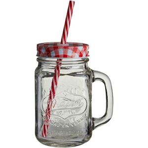 Premier Housewares Embossed Mason Jar Mug With Red Gingham Lid and Straw, 450 ml Premier Housewares Embossed Mason Jar Mug With Red Gingham Lid and Straw, 450 ml