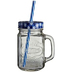 Premier Housewares Versatile Embossed Coloured Mason Jar Mug With Blue Gingham Lid, Embossed Glass Premier Housewares Versatile Embossed Coloured Mason Jar Mug With Blue Gingham Lid, Embossed Glass