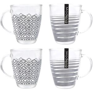 YöL Set of 4 Coffee Mugs Tea Cups Glasses Geometric Pattern Grey Clear Glass 340ml YöL Set of 4 Coffee Mugs Tea Cups Glasses Geometric Pattern Grey Clear Glass 340ml