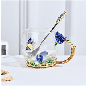 Dechoicelife (Blue Short With spoo) Enamel Coffee Tea Cup Mug 3D Rose Butterfly Glass Cups We Dechoicelife (Blue Short With spoo) Enamel Coffee Tea Cup Mug 3D Rose Butterfly Glass Cups We