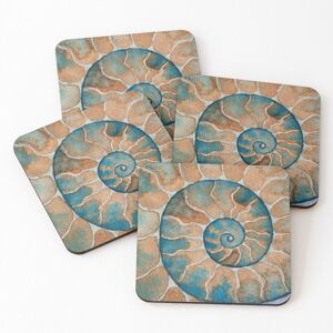 WHIBOS Leather Coasters Ammonite fossil watercolor painting Set of 4 / 4 x 4 inch WHIBOS Leather Coasters Ammonite fossil watercolor painting Set of 4 / 4 x 4 inch