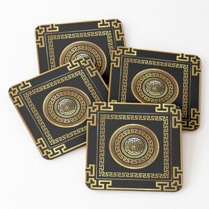 WHIBOS Leather Coasters Greek Key Meander Black Gold Large Set of 4 / 4 x 4 inch WHIBOS Leather Coasters Greek Key Meander Black Gold Large Set of 4 / 4 x 4 inch