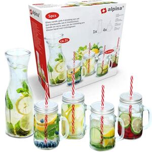 Alpina 1L Decanter With 4 Glass Mason Jars & Straws Wine Cocktail Mason jar Alpina 1L Decanter With 4 Glass Mason Jars & Straws Wine Cocktail Mason jar