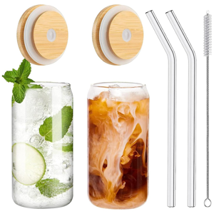 Jojomino 2-Piece 16oz Can-Shaped Glass Cups with Bamboo Lids & Straws, Lead-Free, Dishwas Jojomino 2-Piece 16oz Can-Shaped Glass Cups with Bamboo Lids & Straws, Lead-Free, Dishwas