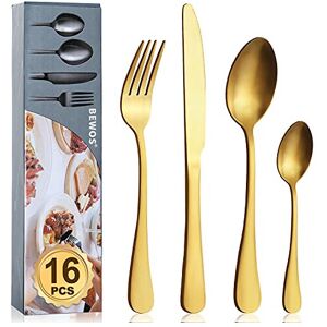 Cutlery Set, BEWOS 16-Piece Stainless Steel Matt Gold Flatware Set, Tableware Si Cutlery Set, BEWOS 16-Piece Stainless Steel Matt Gold Flatware Set, Tableware Si