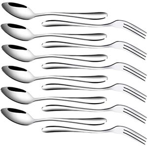 RETON 12 Pcs Stainless Steel Dessert Forks and Spoons Set, 3 Tines Cake Fruit Steak Fo RETON 12 Pcs Stainless Steel Dessert Forks and Spoons Set, 3 Tines Cake Fruit Steak Fo
