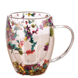 SEM 2PCS Fillings Dry Flowers Double Wall Glass Cup With Handle SEM 2PCS Fillings Dry Flowers Double Wall Glass Cup With Handle