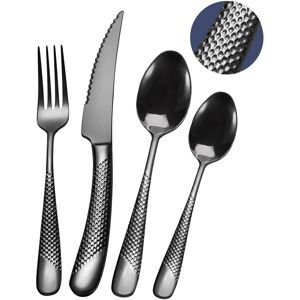 SHEUMNT 24 Pieces ?Modern Black Hammered Cutlery Set with Ultra Sharp 2-in-1 Ser SHEUMNT 24 Pieces ?Modern Black Hammered Cutlery Set with Ultra Sharp 2-in-1 Ser