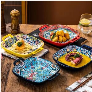 Unbranded (Multicolor, Red + Blue + Light Blue + Yellow) Bohemian Ceramic Plate, Square Pl Unbranded (Multicolor, Red + Blue + Light Blue + Yellow) Bohemian Ceramic Plate, Square Pl