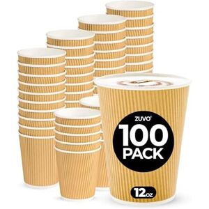 Zuvo Coffee Cups 12 OZ - NO Lids - 100 Disposable Brown Ripple Coffee Cups - Ide Zuvo Coffee Cups 12 OZ - NO Lids - 100 Disposable Brown Ripple Coffee Cups - Ide