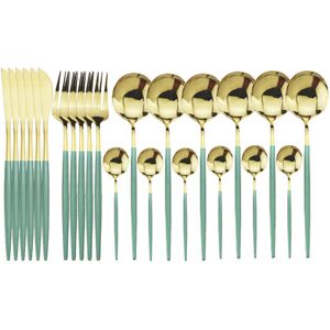 HOD Kitchen (Mint Gold, 1) 24pcs Stainless Steel Cutlery Set Fork Knife Spoon Tableware Flat HOD Kitchen (Mint Gold, 1) 24pcs Stainless Steel Cutlery Set Fork Knife Spoon Tableware Flat