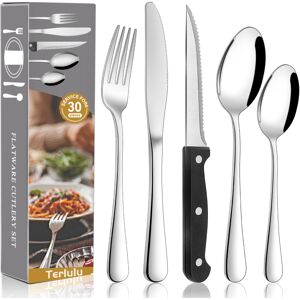 Terlulu 30 Piece Cutlery Set with Steak Knives, Stainless Steel Cutlery Flatware Set Ser Terlulu 30 Piece Cutlery Set with Steak Knives, Stainless Steel Cutlery Flatware Set Ser