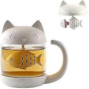 Unbranded Cat Shaped Glass Tea Mug with Fish Shaped Tea Filter and Infuser 250ml 8oz Mothe Unbranded Cat Shaped Glass Tea Mug with Fish Shaped Tea Filter and Infuser 250ml 8oz Mothe