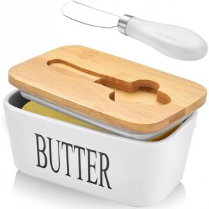 NBBENG Porcelain Butter Dish with Knife & Wooden Lid, Airtight Butter Dish Butter Holde NBBENG Porcelain Butter Dish with Knife & Wooden Lid, Airtight Butter Dish Butter Holde