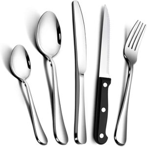 RayPard Silver 30-Piece Stainless-Steel Cutlery Set with Steak Knives Service fo RayPard Silver 30-Piece Stainless-Steel Cutlery Set with Steak Knives Service fo