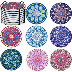 JTOOYS Mandala Coasters Set of 8, Ceramic Round Drink Coasters with Holder Absorbent Dr JTOOYS Mandala Coasters Set of 8, Ceramic Round Drink Coasters with Holder Absorbent Dr