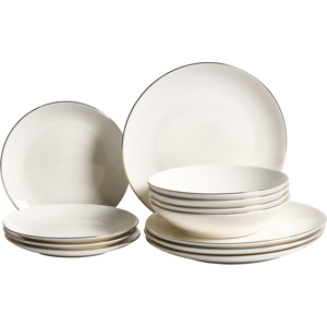 Beliani Set of 12 Dinnerware CUMIN Porcelain Off-White/ Gold Beliani Set of 12 Dinnerware CUMIN Porcelain Off-White/ Gold
