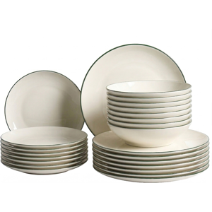 Beliani Set of 24 Dinnerware CUMIN Porcelain Off-White/ Green Beliani Set of 24 Dinnerware CUMIN Porcelain Off-White/ Green
