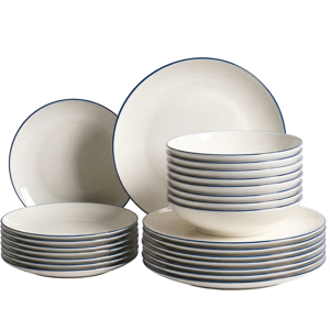 Beliani Set of 24 Dinnerware CUMIN Porcelain Off-White/ Blue Beliani Set of 24 Dinnerware CUMIN Porcelain Off-White/ Blue