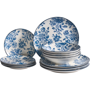 Beliani Set of 12 Dinnerware BASIL Porcelain Blue Beliani Set of 12 Dinnerware BASIL Porcelain Blue