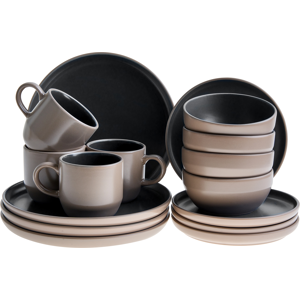 Beliani Set of 16 Dinnerware NUTMEG Stoneware Black/ Beige Beliani Set of 16 Dinnerware NUTMEG Stoneware Black/ Beige