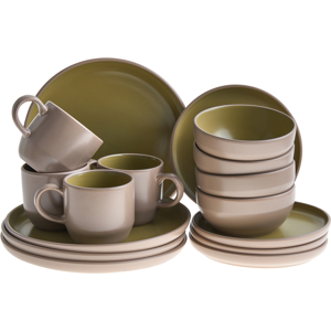 Beliani Set of 16 Dinnerware NUTMEG Stoneware Beige/ Green Beliani Set of 16 Dinnerware NUTMEG Stoneware Beige/ Green