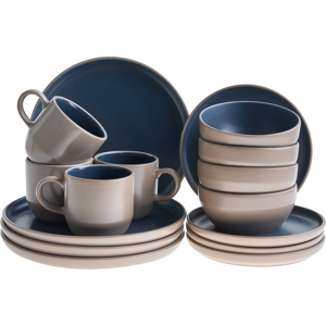 Beliani Set of 16 Dinnerware NUTMEG Stoneware Beige/ Blue Beliani Set of 16 Dinnerware NUTMEG Stoneware Beige/ Blue