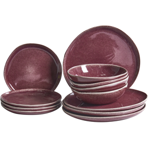Beliani Set of 12 Dinnerware HOPS Stoneware Burgundy Beliani Set of 12 Dinnerware HOPS Stoneware Burgundy
