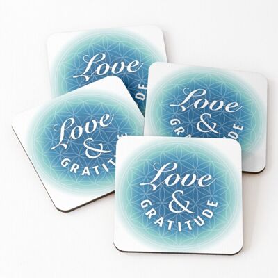 WHIBOS Leather Coasters Love Gratitude on Flower of Life Set of 4 / 4 x 4 inch WHIBOS Leather Coasters Love Gratitude on Flower of Life Set of 4 / 4 x 4 inch