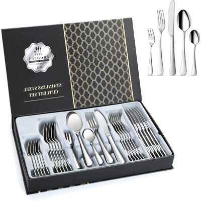 Unbranded Silver Cutlery Set, 24-Piece Stainless Steel Flatware Service, Boxed Silverware Unbranded Silver Cutlery Set, 24-Piece Stainless Steel Flatware Service, Boxed Silverware