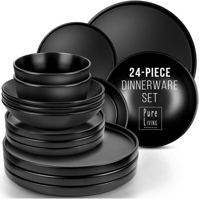 PURE LIVING INTERIOR DESIGN Manhattan Urban Elegance - 24-Piece Black Stoneware Dinner Set for 6 - Matte Bla PURE LIVING INTERIOR DESIGN Manhattan Urban Elegance - 24-Piece Black Stoneware Dinner Set for 6 - Matte Bla