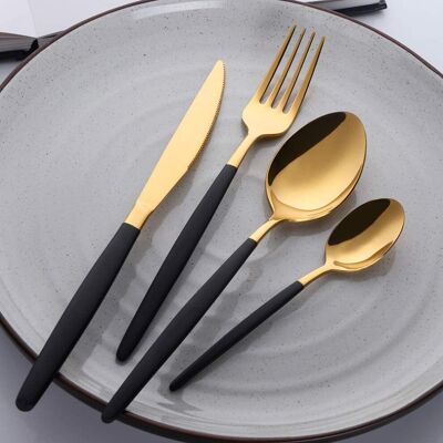 Buyer Star Black and Gold Cutlery Set, 4 Piece Stainless Steel Silverware Set Service for 1 Buyer Star Black and Gold Cutlery Set, 4 Piece Stainless Steel Silverware Set Service for 1